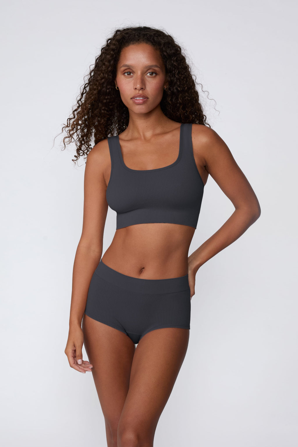 Ribbed Seamless Scoop Bralette - Charcoal