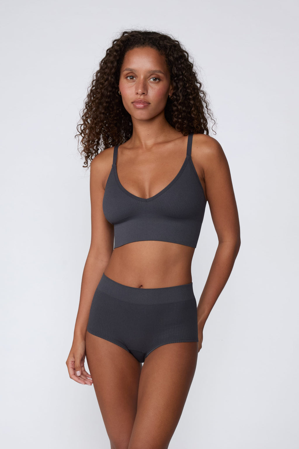 Ribbed Seamless Triangle Bralette - Charcoal