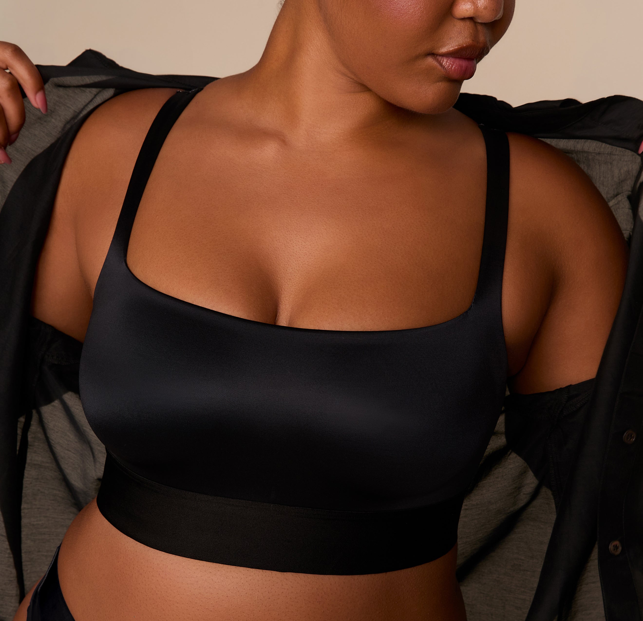 Stretch Satin Square Neck Bralette - Black