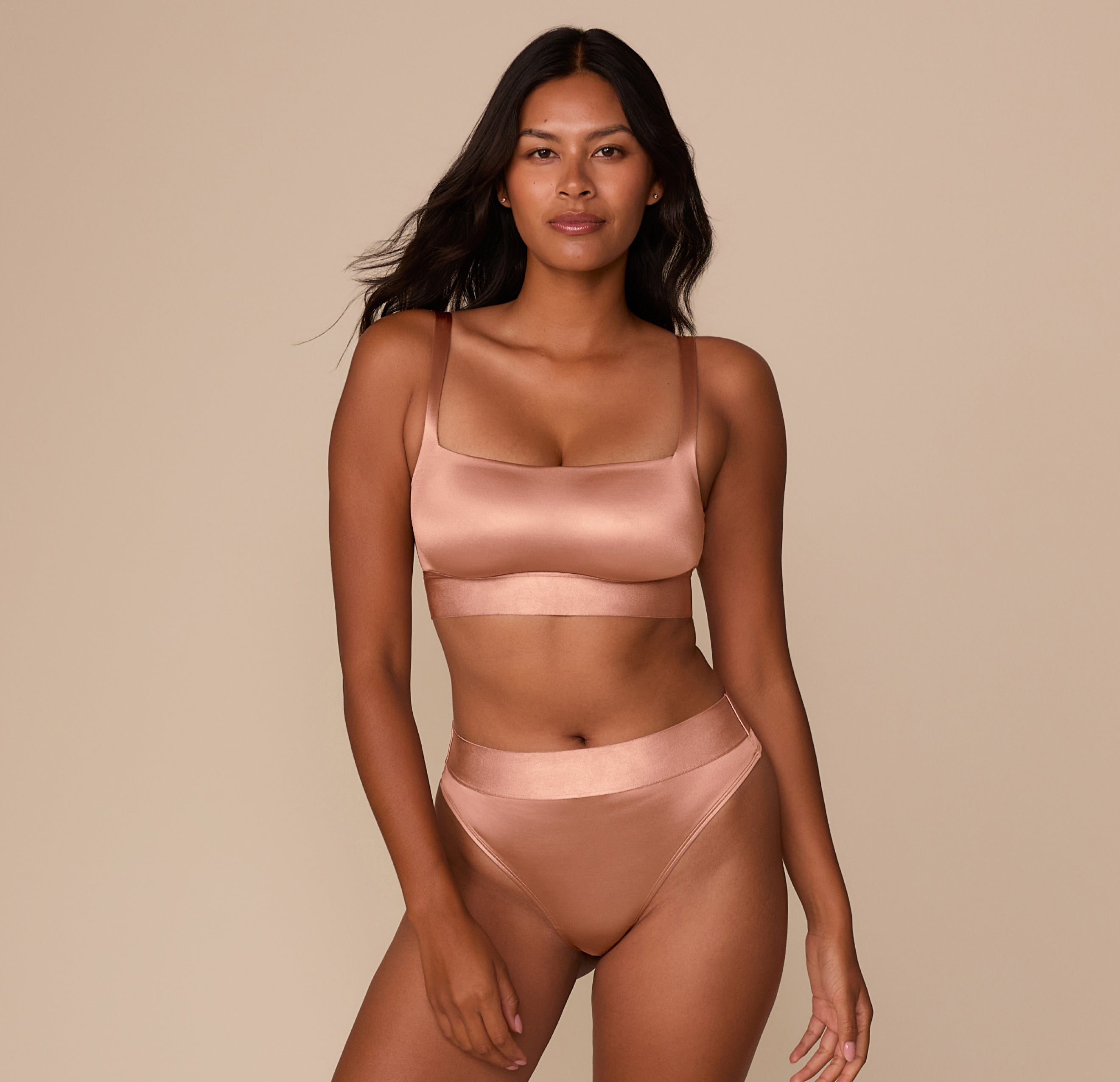 Stretch Satin Square Neck Bralette - Champagne